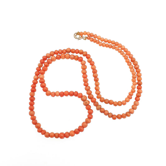Antique 9ct Gold Coral Bead Necklace Victorian Salmon Orange Solid 9k 9kt Clasp 47cm 9.06g Hand Carved Vintage Jewelry Jewellery