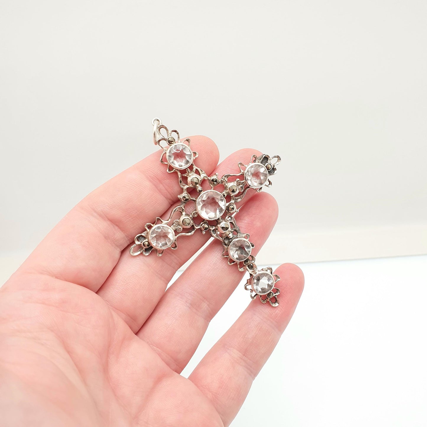 Antique Victorian Solid Silver Rock Crystal Crucifix Necklace Pendant Quartz Gemstone Very Large Big Jewelry Vintage Jewelry