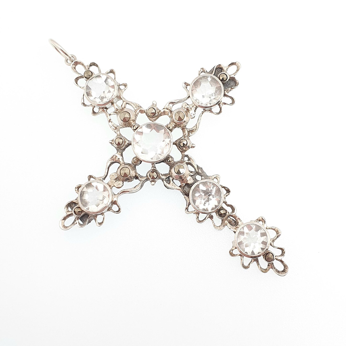 Antique Victorian Solid Silver Rock Crystal Crucifix Necklace Pendant Quartz Gemstone Very Large Big Jewelry Vintage Jewelry