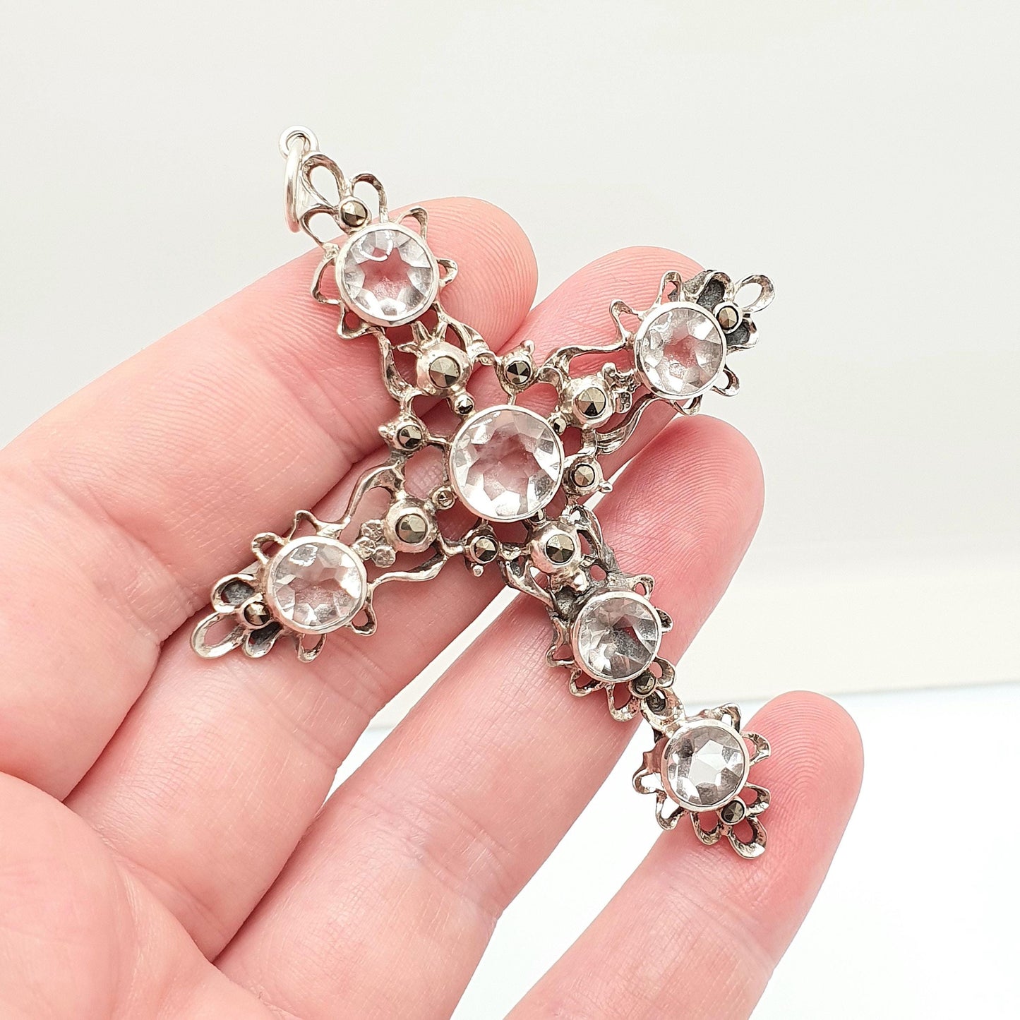 Antique Victorian Solid Silver Rock Crystal Crucifix Necklace Pendant Quartz Gemstone Very Large Big Jewelry Vintage Jewelry