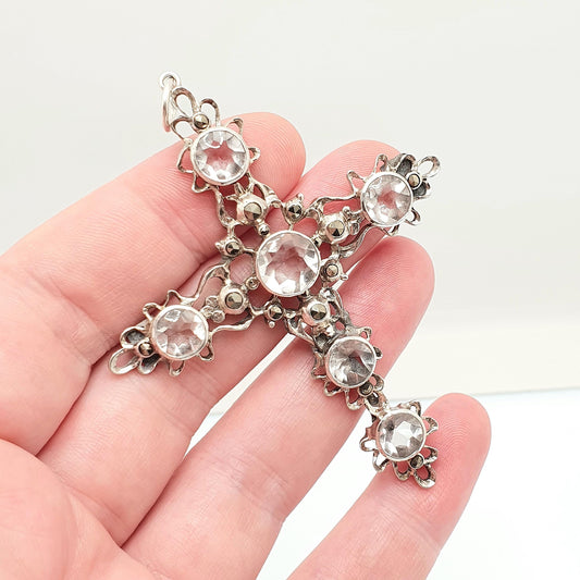 Antique Victorian Solid Silver Rock Crystal Crucifix Necklace Pendant Quartz Gemstone Very Large Big Jewelry Vintage Jewelry