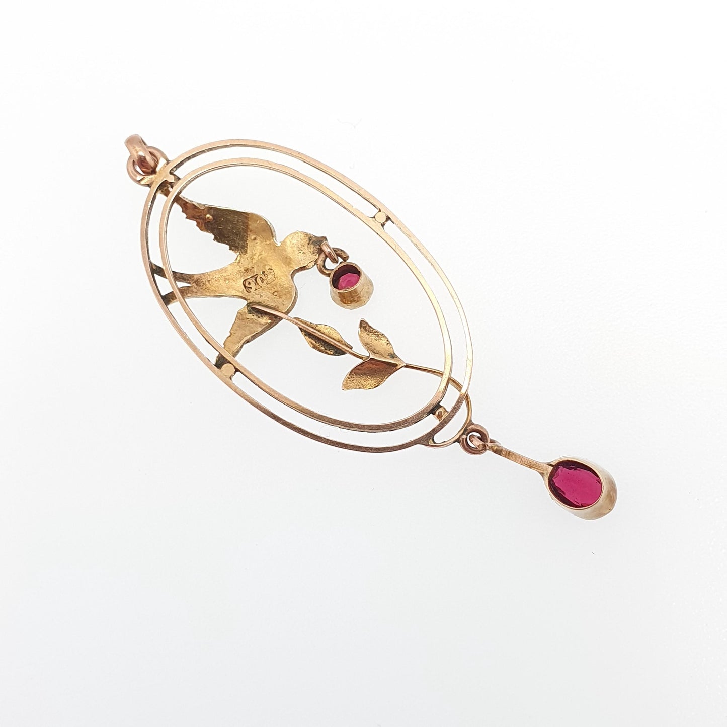 Antique 9ct Gold Bird Pendant Garnet Seed Pearl Necklace Solid 9k 375 Edwardian Swallow Vintage Womens Jewellery Jewelry