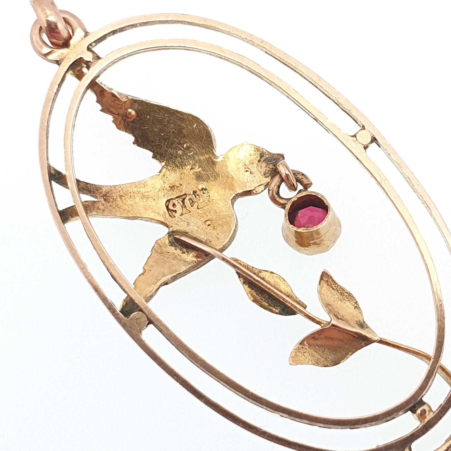 Antique 9ct Gold Bird Pendant Garnet Seed Pearl Necklace Solid 9k 375 Edwardian Swallow Vintage Womens Jewellery Jewelry