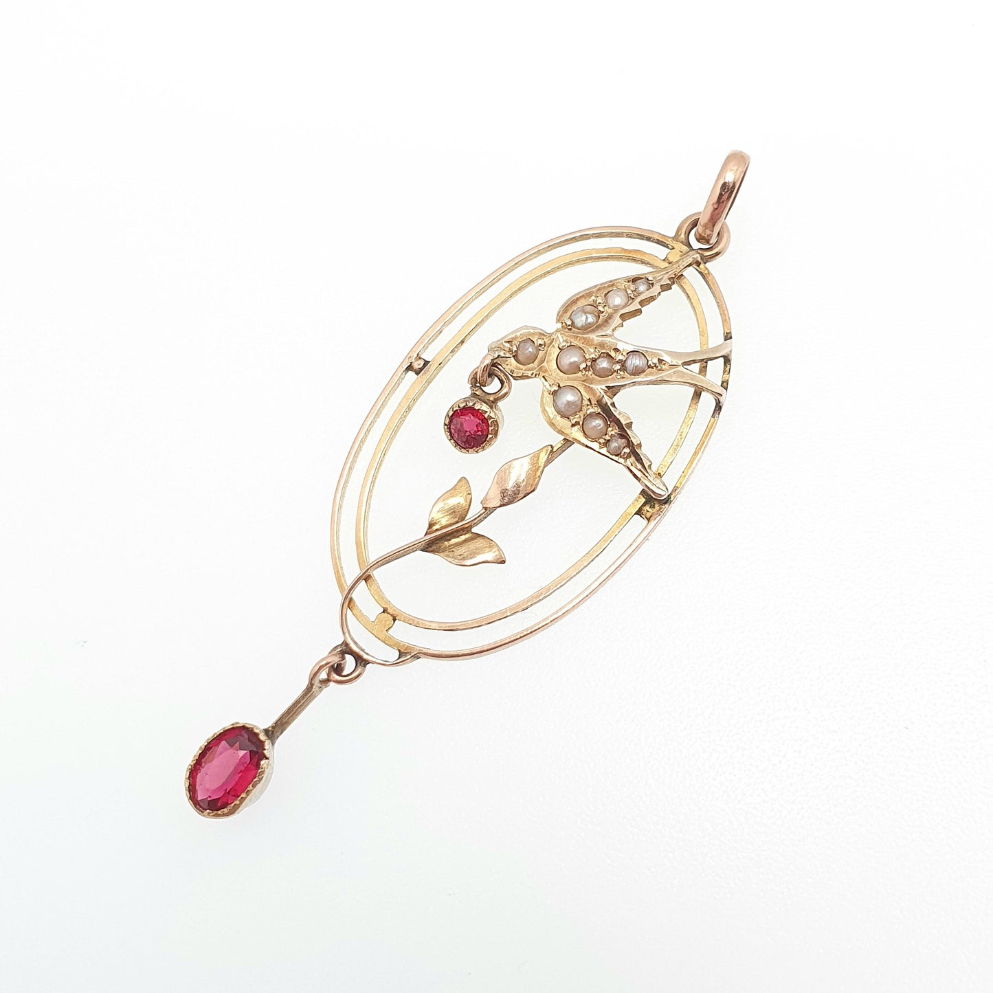 Antique 9ct Gold Bird Pendant Garnet Seed Pearl Necklace Solid 9k 375 Edwardian Swallow Vintage Womens Jewellery Jewelry