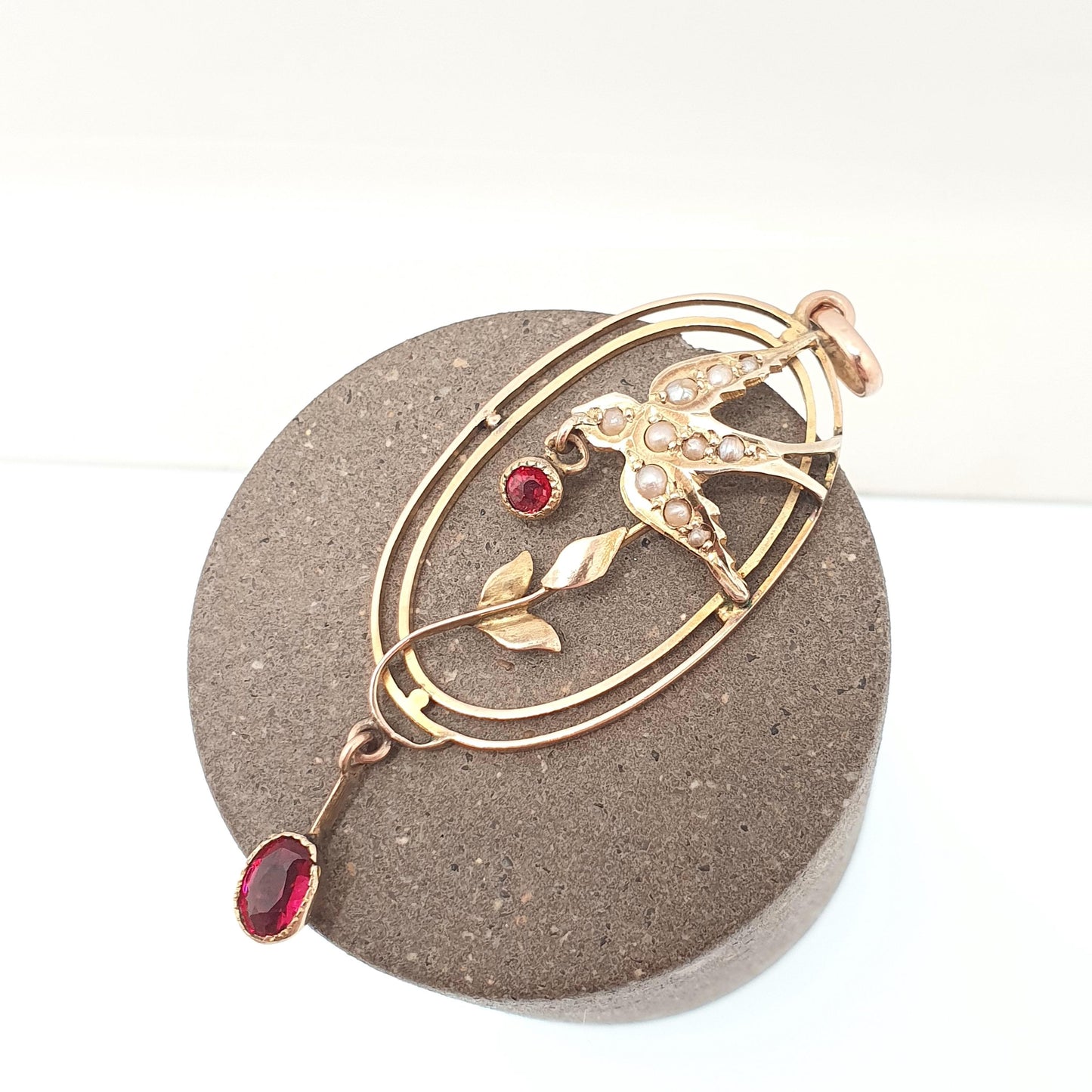 Antique 9ct Gold Bird Pendant Garnet Seed Pearl Necklace Solid 9k 375 Edwardian Swallow Vintage Womens Jewellery Jewelry