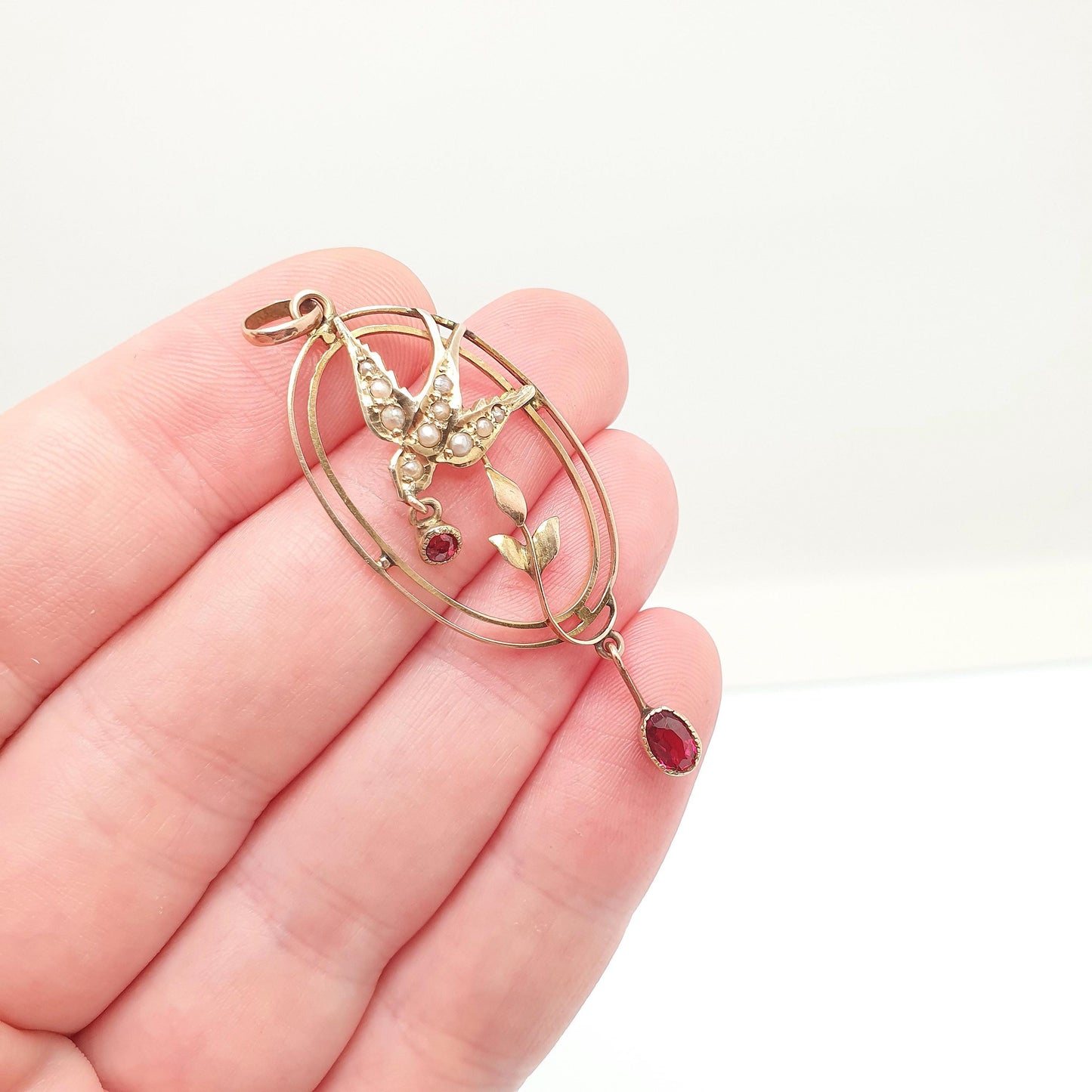 Antique 9ct Gold Bird Pendant Garnet Seed Pearl Necklace Solid 9k 375 Edwardian Swallow Vintage Womens Jewellery Jewelry