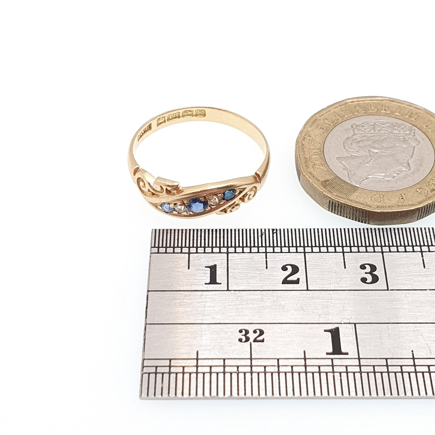 Antique 18ct Gold Sapphire & Diamond Ring Solid 18k 750 1905 Hallmark Five Gemstone Edwardian Vintage Jewelry Jewellery