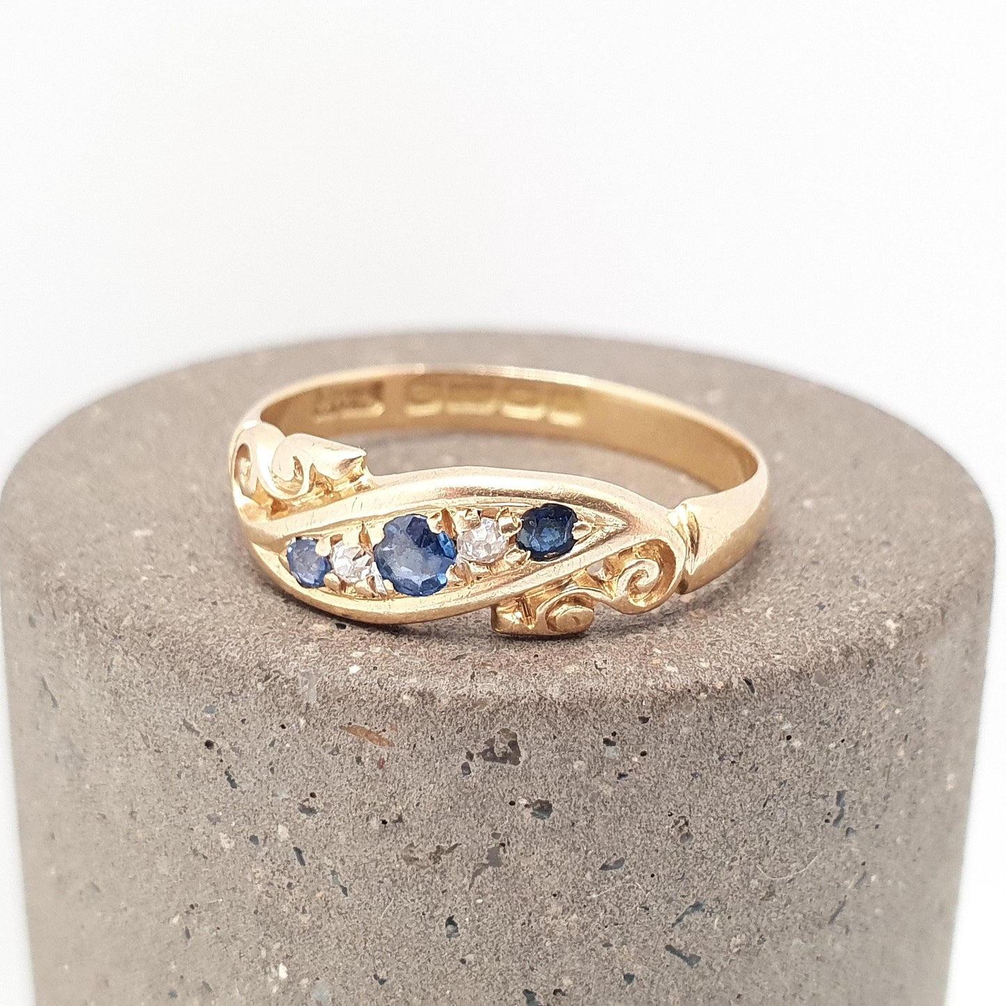 Antique 18ct Gold Sapphire & Diamond Ring Solid 18k 750 1905 Hallmark Five Gemstone Edwardian Vintage Jewelry Jewellery