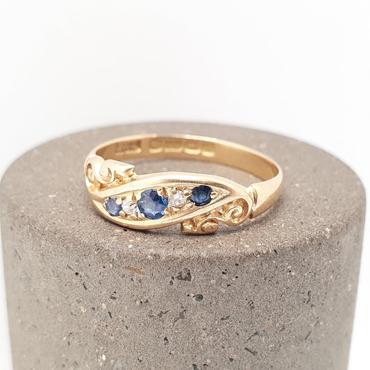 Antique 18ct Gold Sapphire & Diamond Ring Solid 18k 750 1905 Hallmark Five Gemstone Edwardian Vintage Jewelry Jewellery
