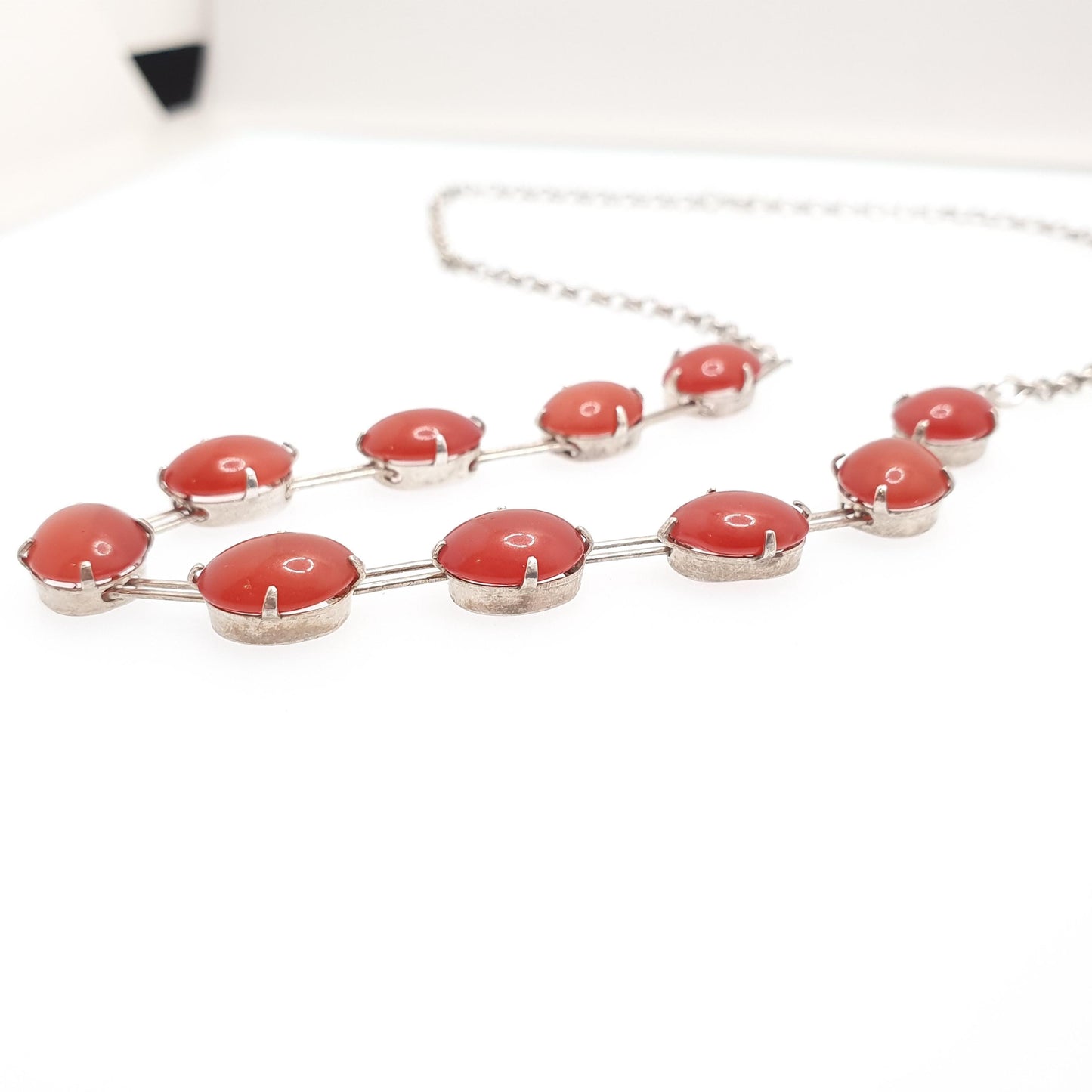 Antique Solid Silver Art Deco Necklace Faux Carnelian Riviera Oval Cut Vintage 1920s Womens Jewelry Jewellery