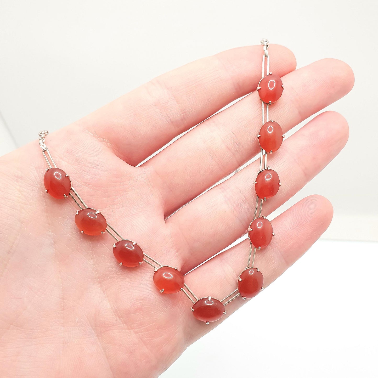 Antique Solid Silver Art Deco Necklace Faux Carnelian Riviera Oval Cut Vintage 1920s Womens Jewelry Jewellery