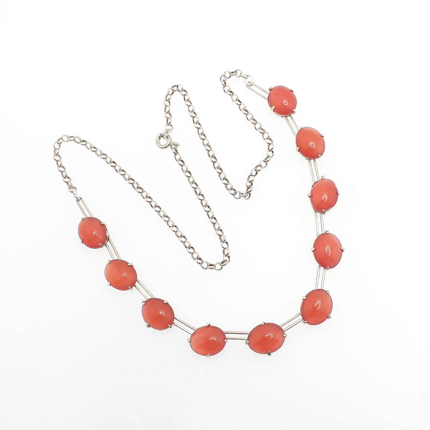 Antique Solid Silver Art Deco Necklace Faux Carnelian Riviera Oval Cut Vintage 1920s Womens Jewelry Jewellery