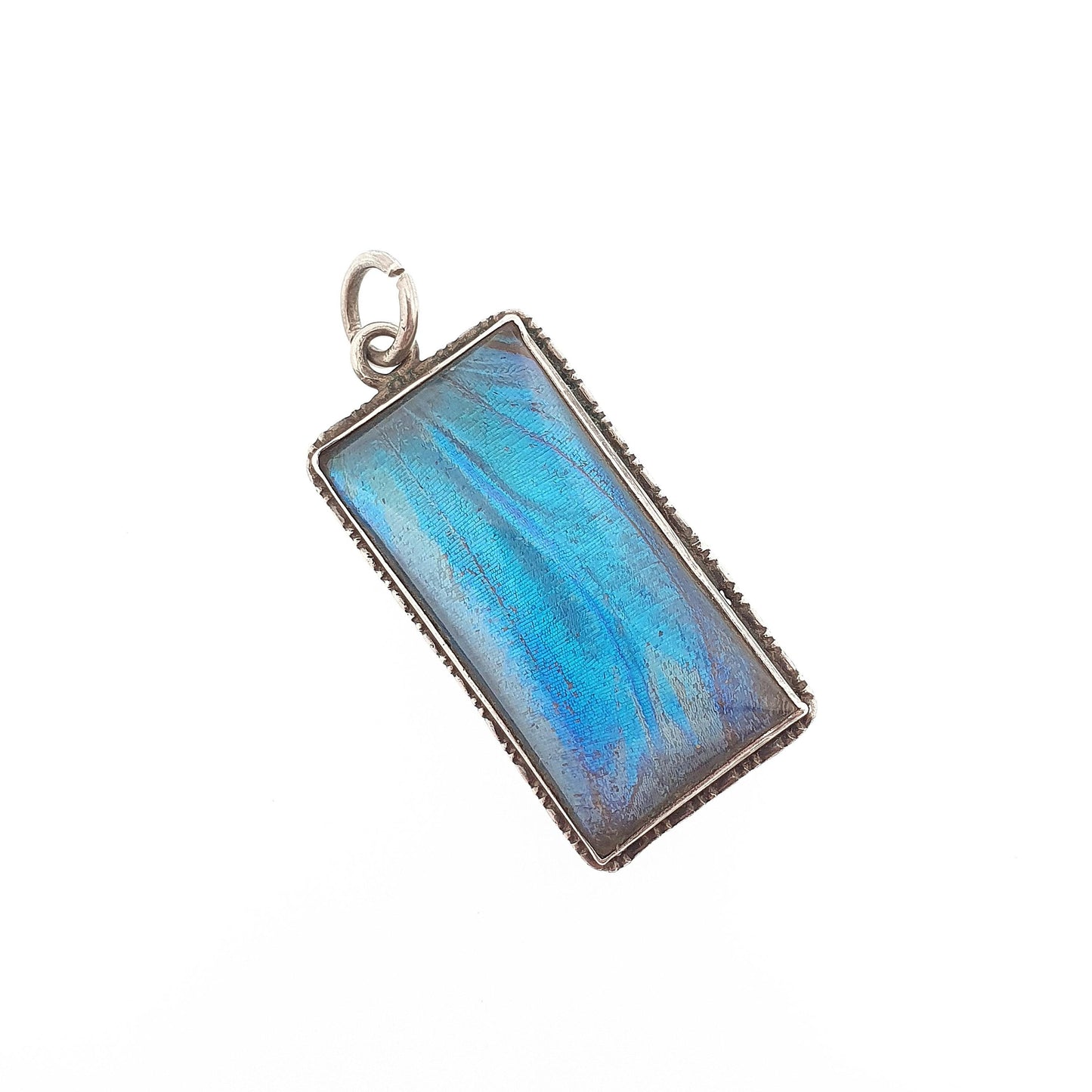 Antique Art Deco Solid Silver Butterfly Wing Necklace Pendant Rectangular Vintage 1920s Blue Bug Fly Insect Jewelry Jewellery