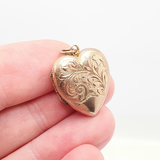 Antique Victorian Rolled Gold Heart Locket Necklace Rose Gold Filled Pendant Hand Engraved Vintage Picture Photo Jewellery Jewelry
