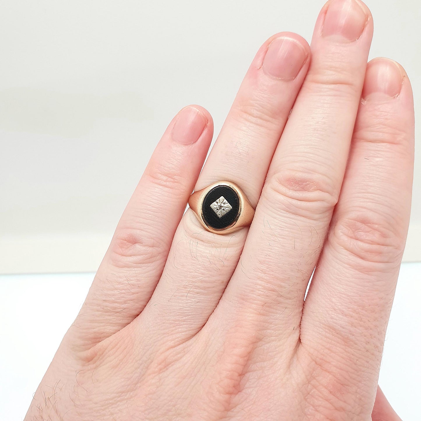 Vintage 9k 9ct Gold Onyx & Diamond Signet Ring 1994 Hallmarked Oval Solid 375 Black Gemstone Mens Womens Jewelry