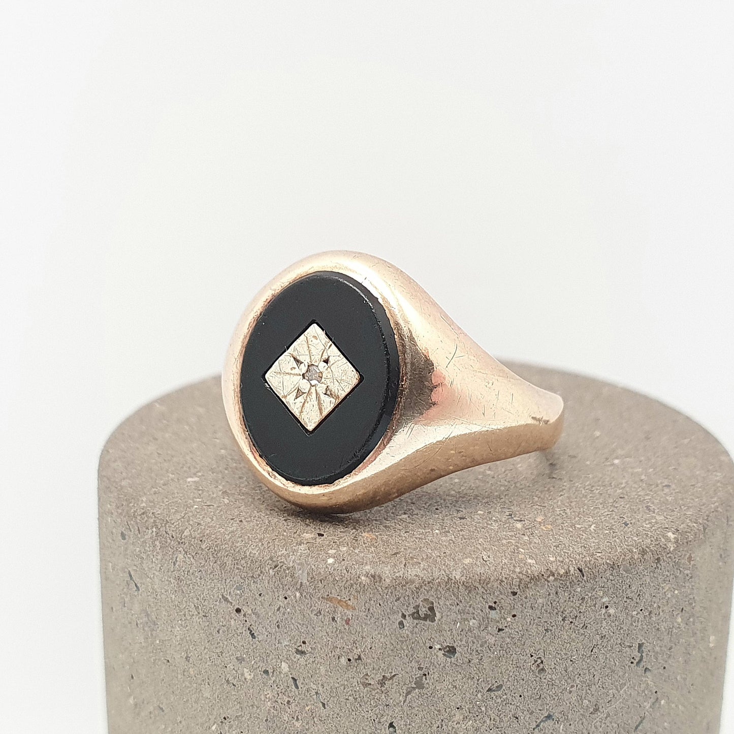 Vintage 9k 9ct Gold Onyx & Diamond Signet Ring 1994 Hallmarked Oval Solid 375 Black Gemstone Mens Womens Jewelry