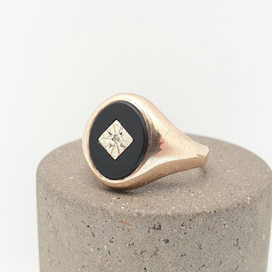 Vintage 9k 9ct Gold Onyx & Diamond Signet Ring 1994 Hallmarked Oval Solid 375 Black Gemstone Mens Womens Jewelry