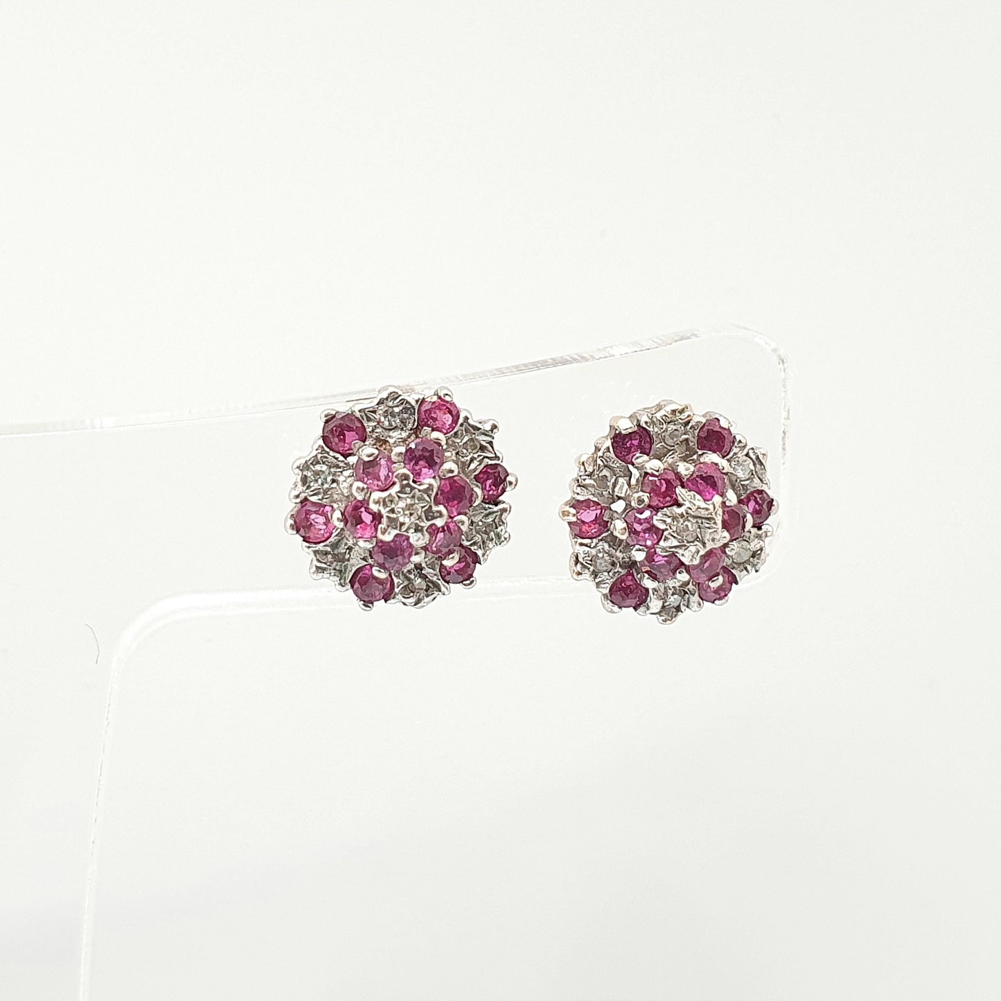 Vintage 9k 9ct Gold Ruby Diamond Earrings Stud Cluster Solid 375 Genuine Gemstone Jewelry Retro Jewellery