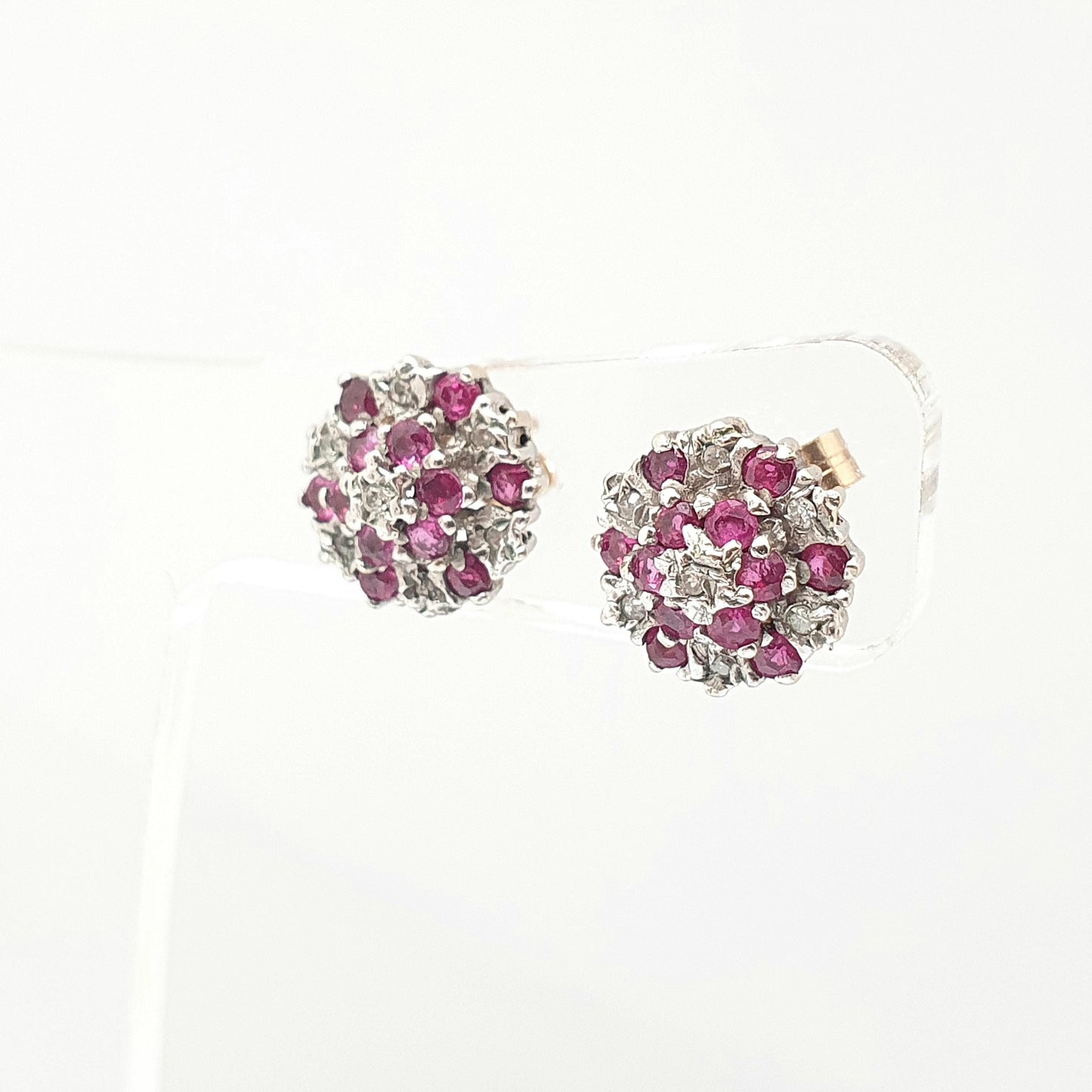 Vintage 9k 9ct Gold Ruby Diamond Earrings Stud Cluster Solid 375 Genuine Gemstone Jewelry Retro Jewellery
