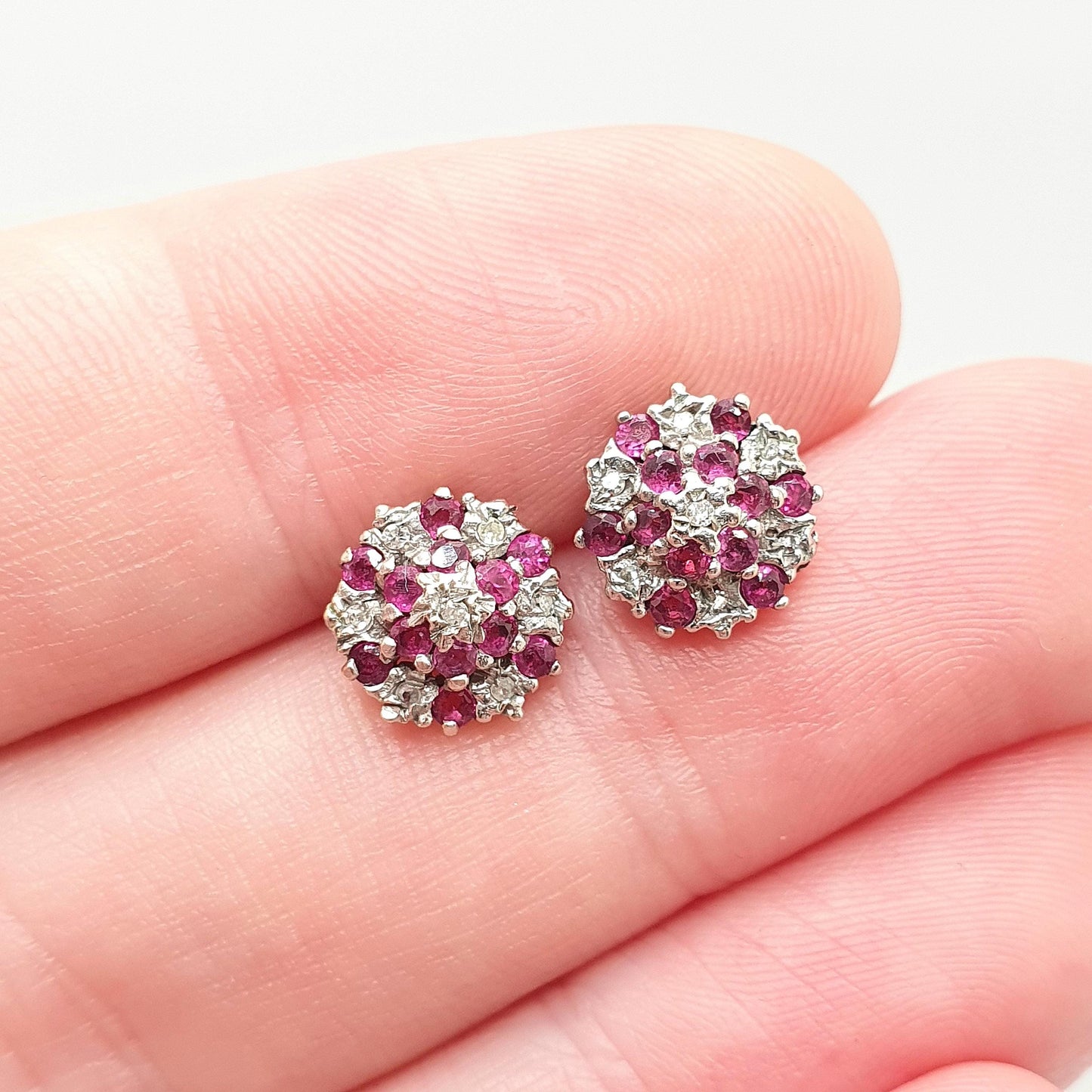 Vintage 9k 9ct Gold Ruby Diamond Earrings Stud Cluster Solid 375 Genuine Gemstone Jewelry Retro Jewellery