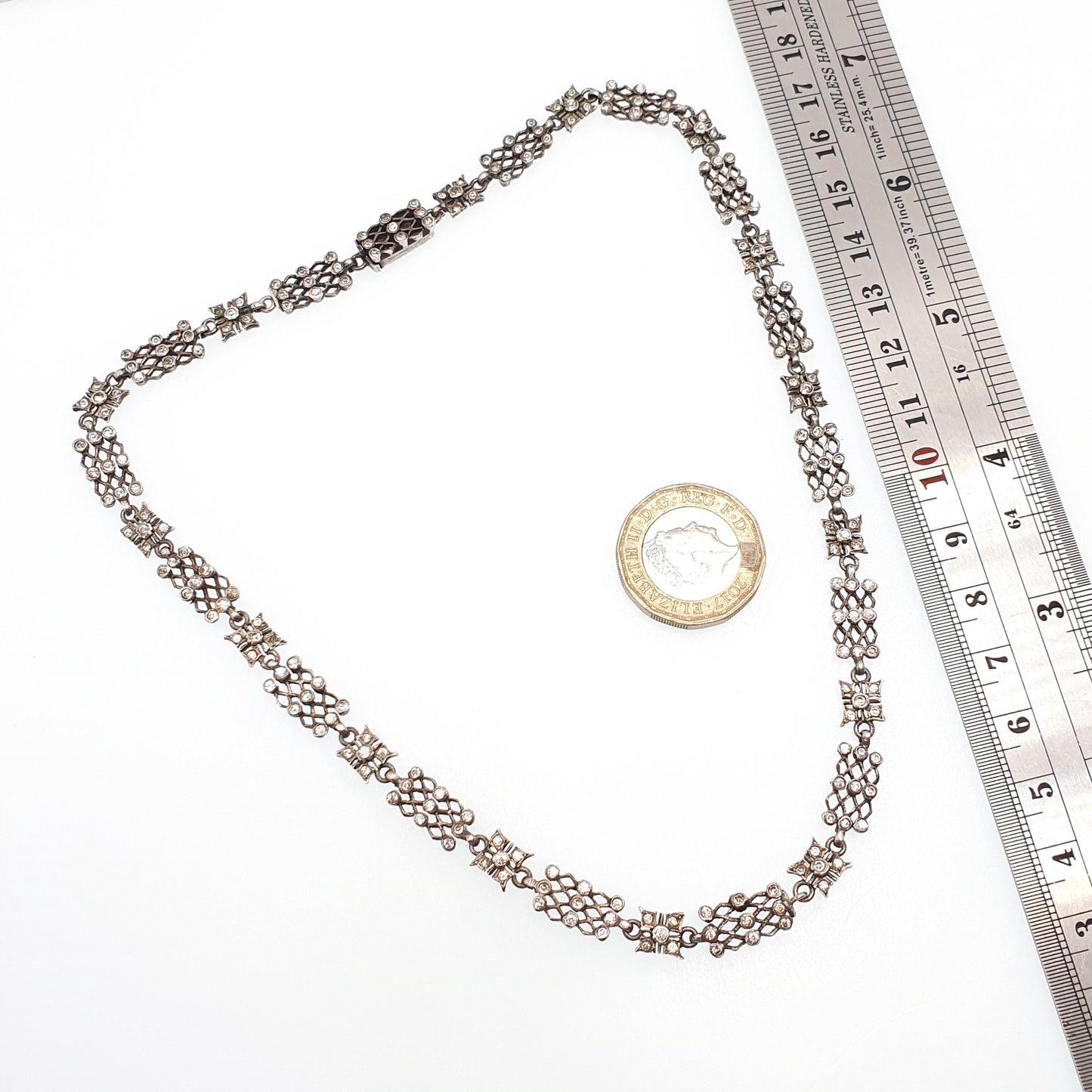 Antique Victorian Solid Silver Diamond Paste Necklace Choker Collar White Pastes Gird Pattern Vintage Jewelry Jewellery