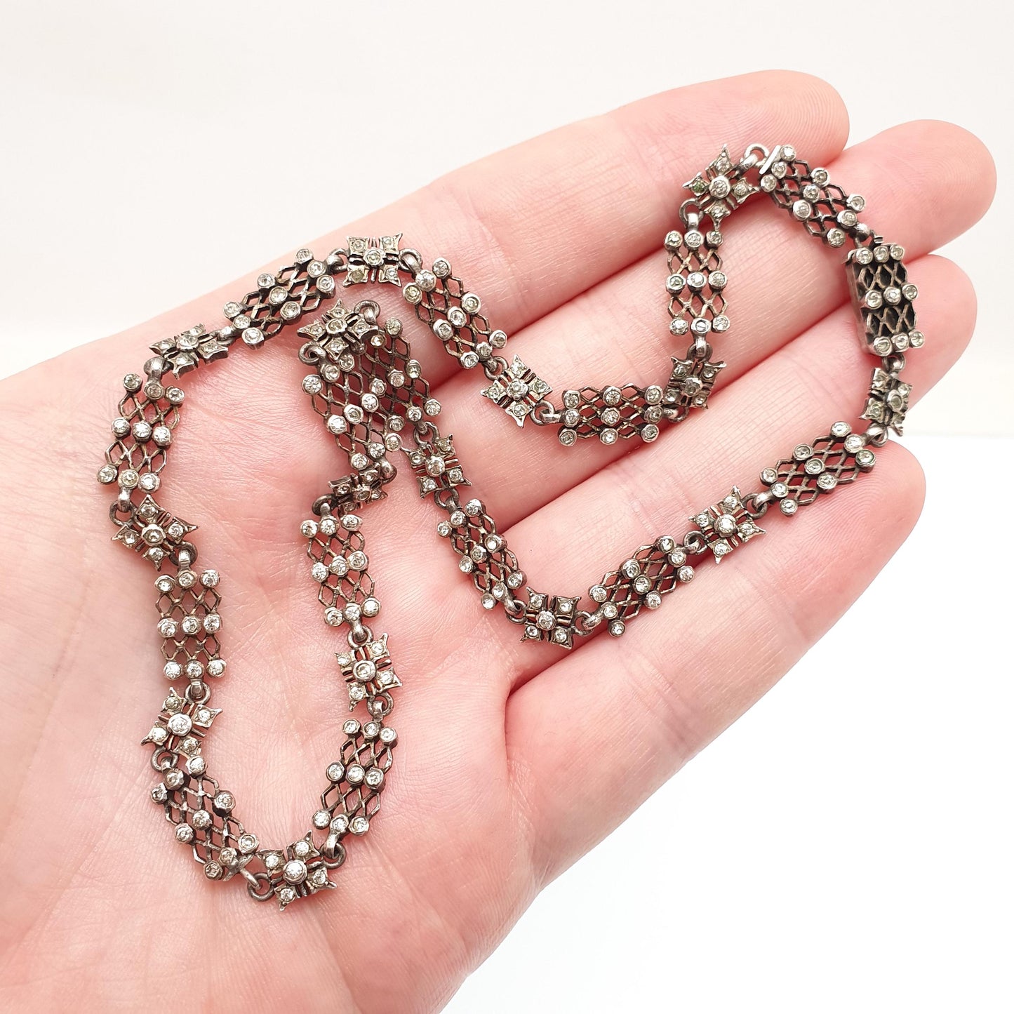 Antique Victorian Solid Silver Diamond Paste Necklace Choker Collar White Pastes Gird Pattern Vintage Jewelry Jewellery