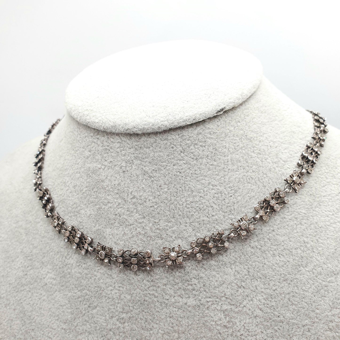 Antique Victorian Solid Silver Diamond Paste Necklace Choker Collar White Pastes Gird Pattern Vintage Jewelry Jewellery