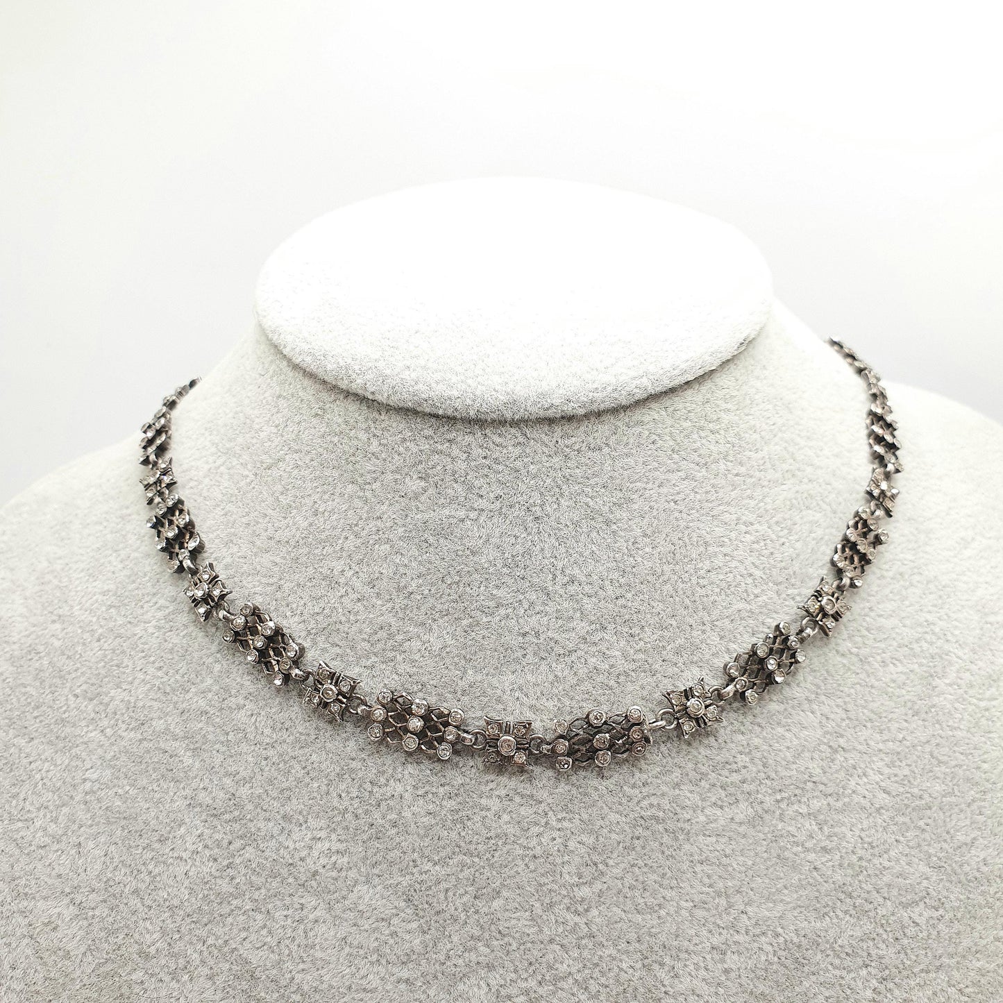 Antique Victorian Solid Silver Diamond Paste Necklace Choker Collar White Pastes Gird Pattern Vintage Jewelry Jewellery