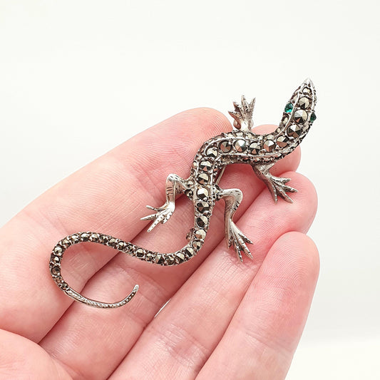 Antique Solid Silver Lizard Brooch Marcasite Emerald Paste Eyes 1920s Art Deco Reptile Large Big Animal Gecko Vintage Jewelry Jewellery