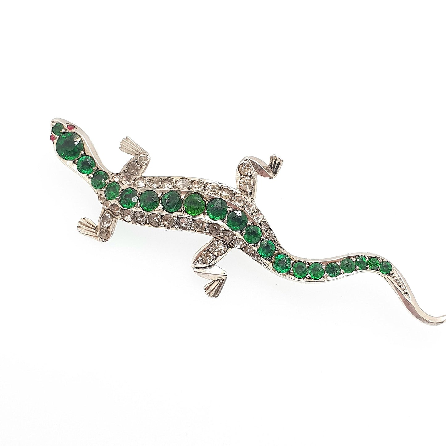 Antique Victorian Solid Silver Lizard Brooch Emerald & Diamond Paste Pastes Reptile Animal Gecko Vintage Womens Retro Jewelry Jewellery