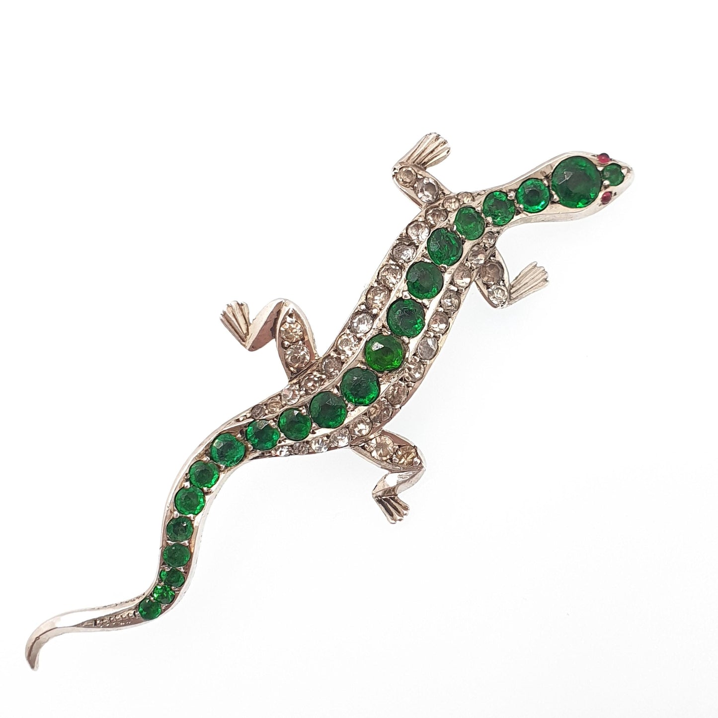 Antique Victorian Solid Silver Lizard Brooch Emerald & Diamond Paste Pastes Reptile Animal Gecko Vintage Womens Retro Jewelry Jewellery