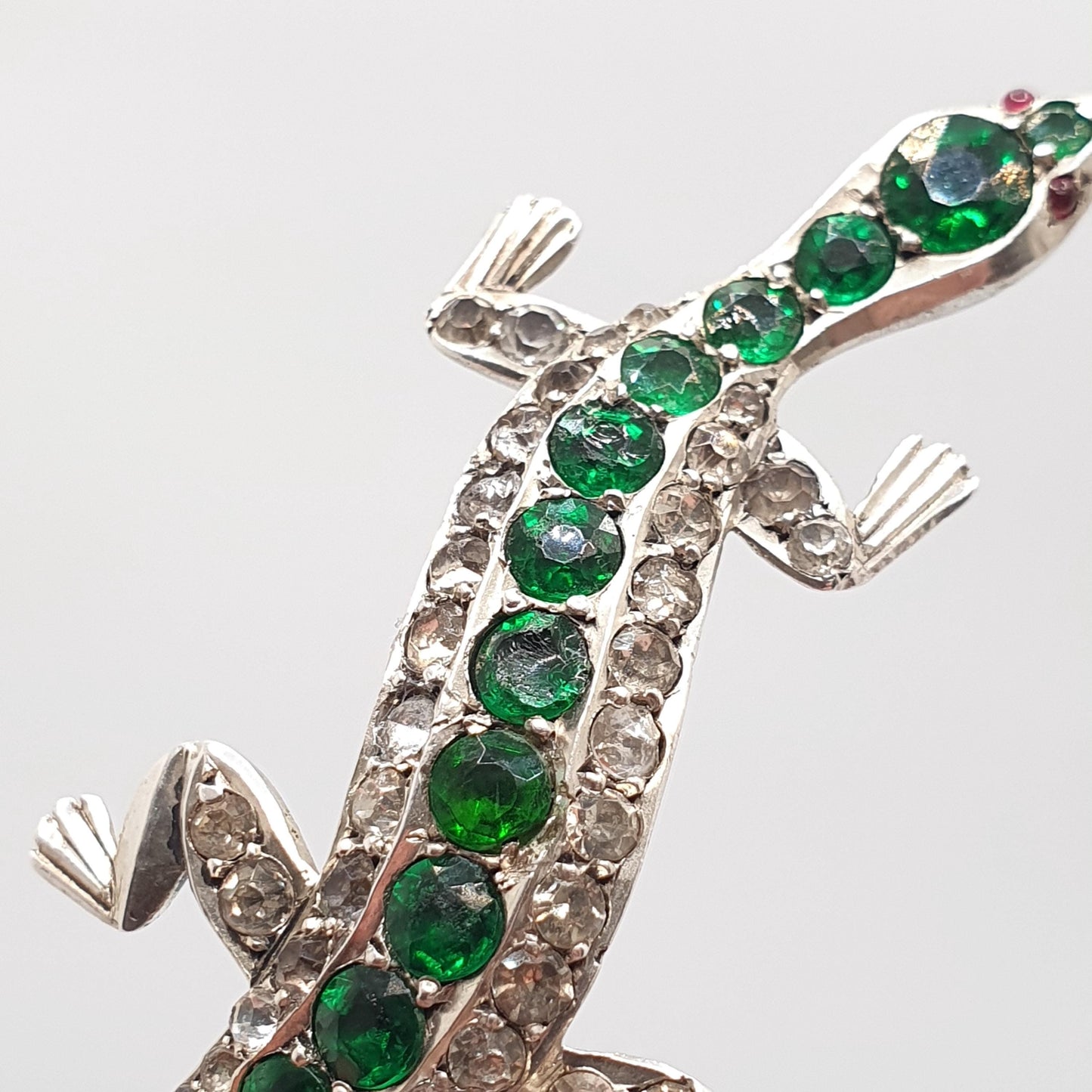 Antique Victorian Solid Silver Lizard Brooch Emerald & Diamond Paste Pastes Reptile Animal Gecko Vintage Womens Retro Jewelry Jewellery