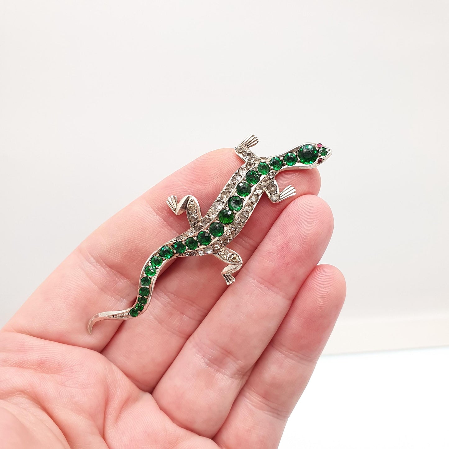 Antique Victorian Solid Silver Lizard Brooch Emerald & Diamond Paste Pastes Reptile Animal Gecko Vintage Womens Retro Jewelry Jewellery