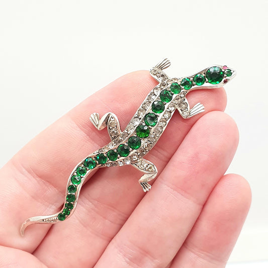 Antique Victorian Solid Silver Lizard Brooch Emerald & Diamond Paste Pastes Reptile Animal Gecko Vintage Womens Retro Jewelry Jewellery