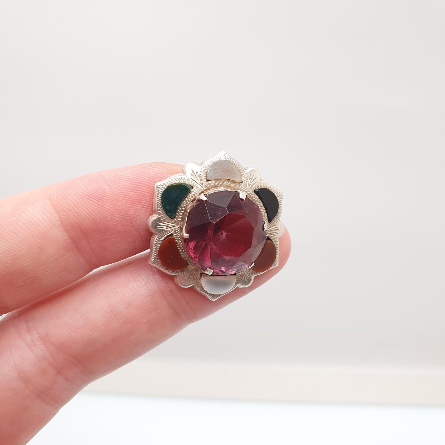 Old Vintage Scottish Sterling Silver Jasper Agate Brooch Pin Amethyst Paste Jasper Antique Victorian Style Jewelry Jewellery