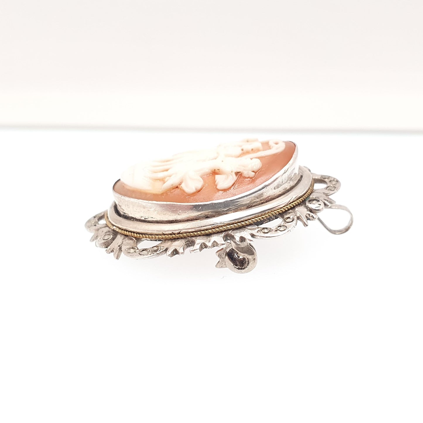 Antique Solid Silver Three Graces Cameo Necklace Pendant Brooch Marcasite Art Deco Shell Hand Carved Italian Jewelry Jewellery Jewelry