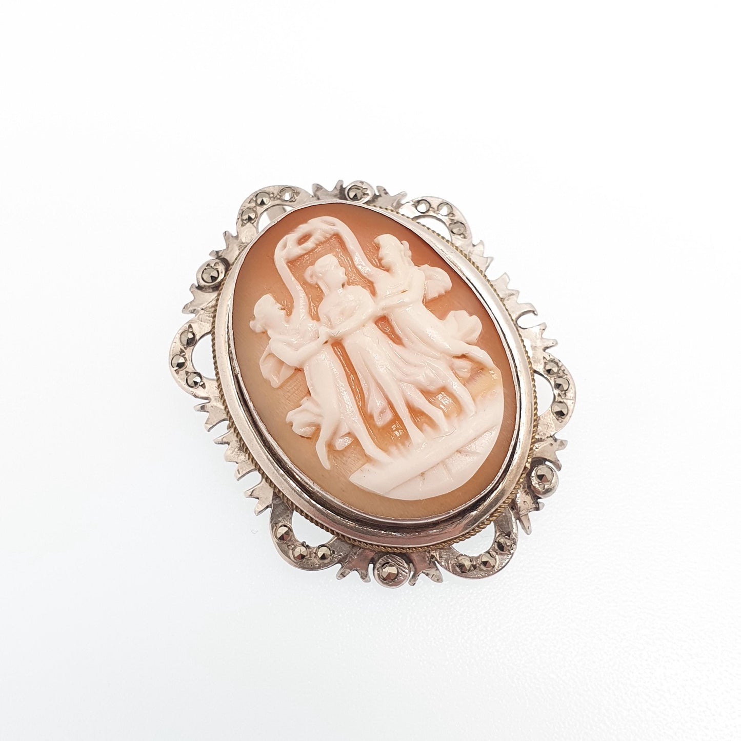 Antique Solid Silver Three Graces Cameo Necklace Pendant Brooch Marcasite Art Deco Shell Hand Carved Italian Jewelry Jewellery Jewelry