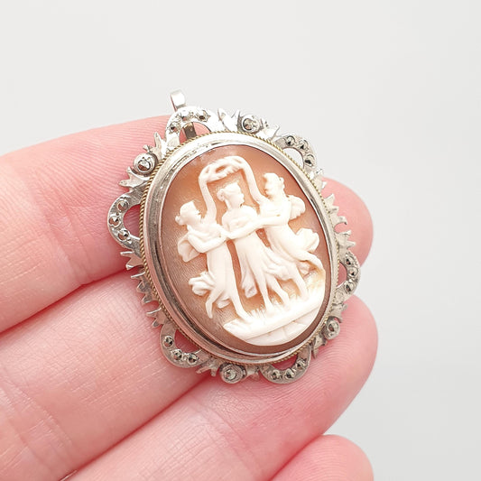 Antique Solid Silver Three Graces Cameo Necklace Pendant Brooch Marcasite Art Deco Shell Hand Carved Italian Jewelry Jewellery Jewelry