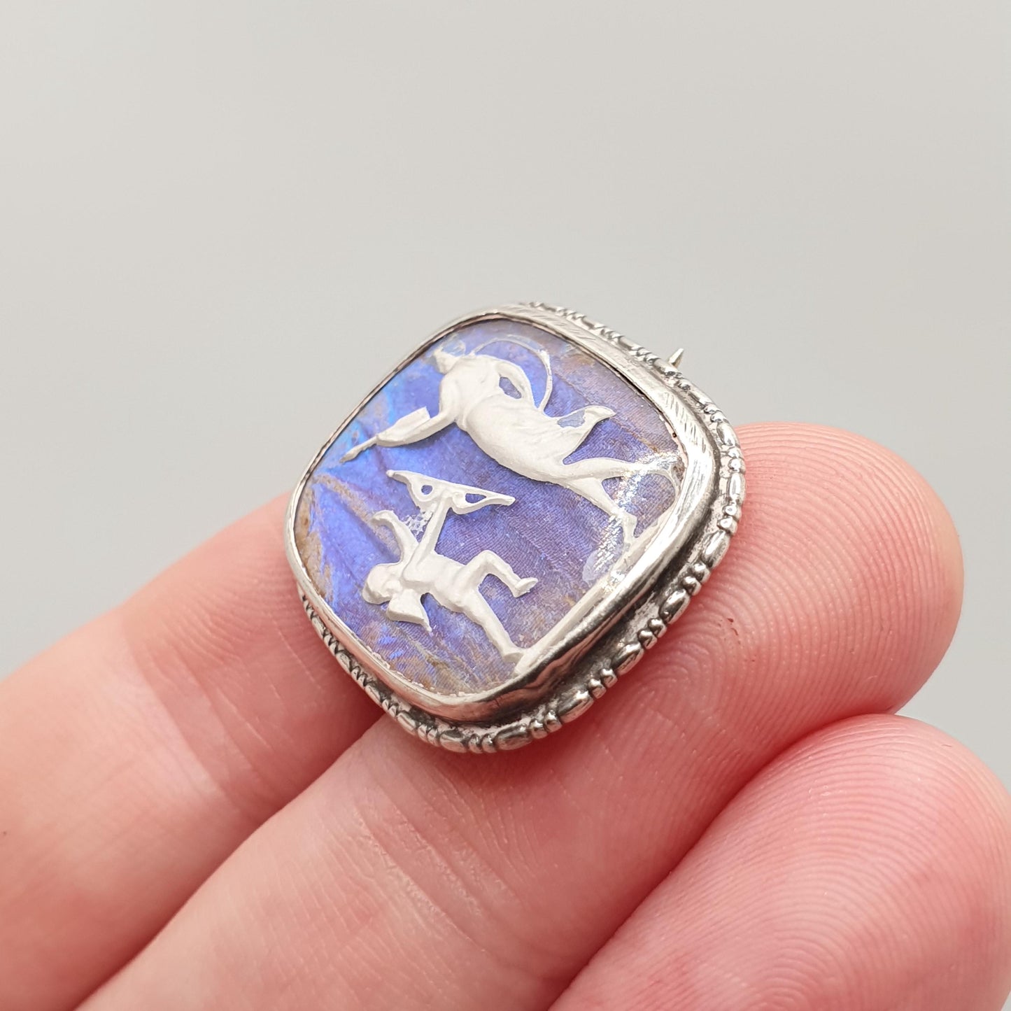 Antique Sterling Silver Butterfly Wing Cameo Brooch Cupid Angel Art Deco Blue Morpho Vintage 1920s Jewelry Jewellery
