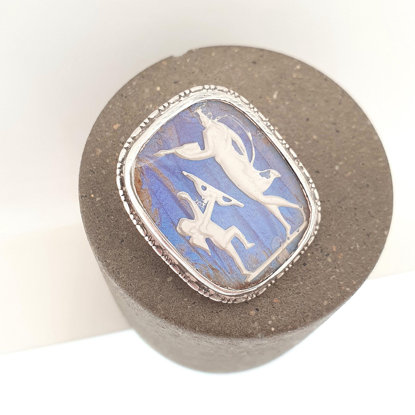 Antique Sterling Silver Butterfly Wing Cameo Brooch Cupid Angel Art Deco Blue Morpho Vintage 1920s Jewelry Jewellery