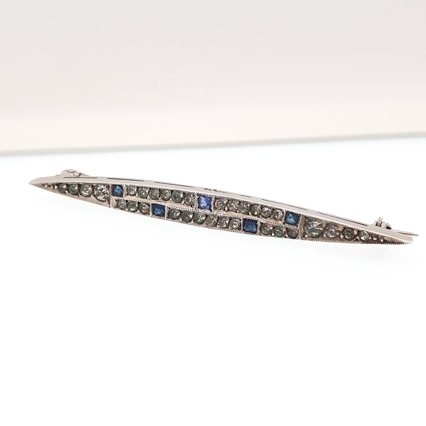 Antique Sterling Silver Sapphire Diamond Paste Brooch Art Deco Pave Channel Set Geometric 1920s Vintage Solid 935 Womens Jewellery Jewelry