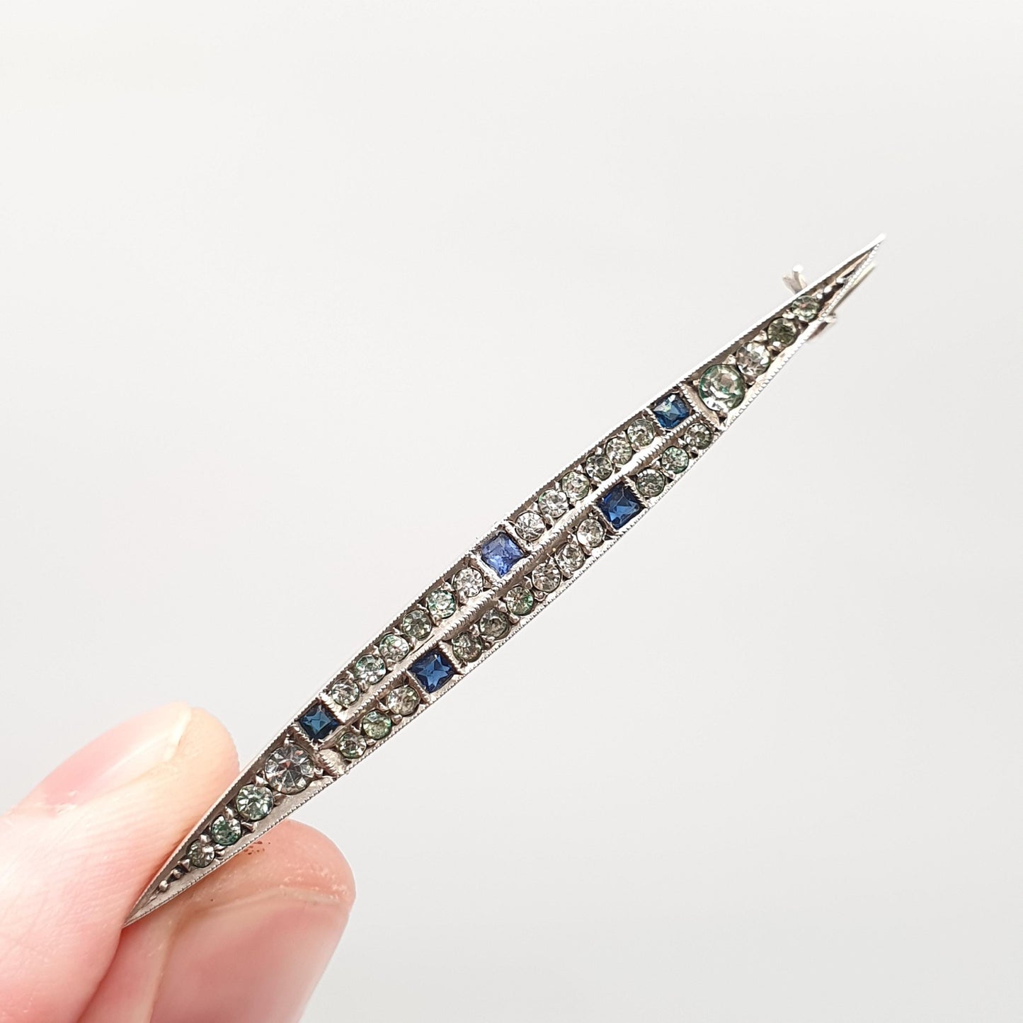 Antique Sterling Silver Sapphire Diamond Paste Brooch Art Deco Pave Channel Set Geometric 1920s Vintage Solid 935 Womens Jewellery Jewelry