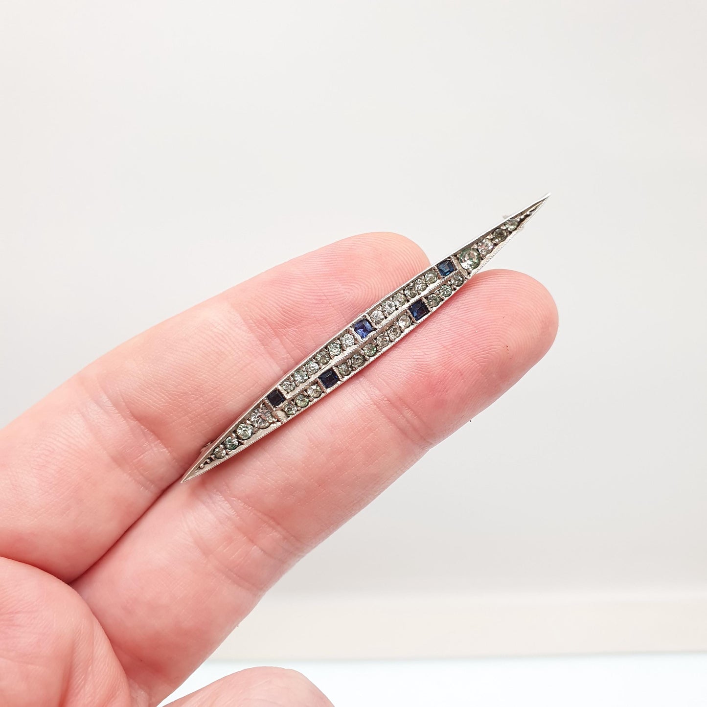 Antique Sterling Silver Sapphire Diamond Paste Brooch Art Deco Pave Channel Set Geometric 1920s Vintage Solid 935 Womens Jewellery Jewelry