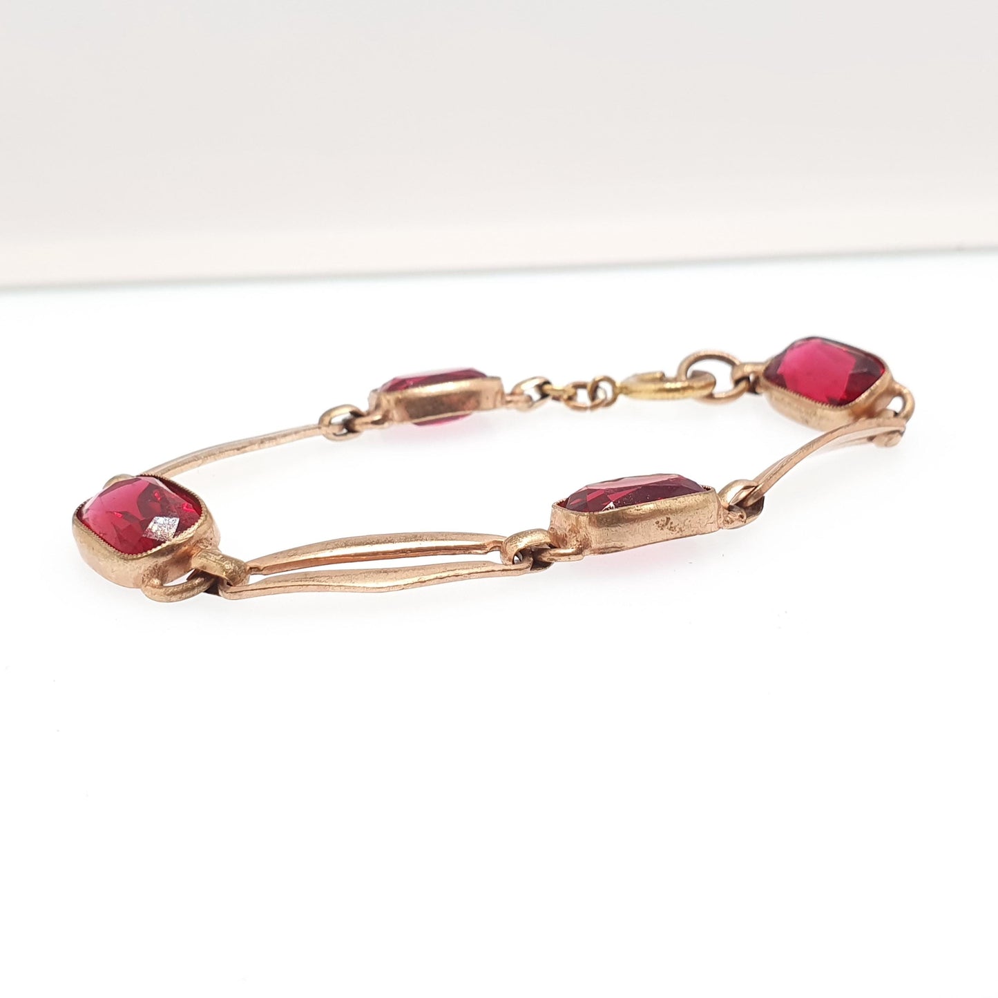 Antique Rolled Gold Filled Bracelet Ruby Paste Edwardian Art Nouveau Red Glass 1900s 11.85g 18cm Vintage Jewelry Jewellery Womens