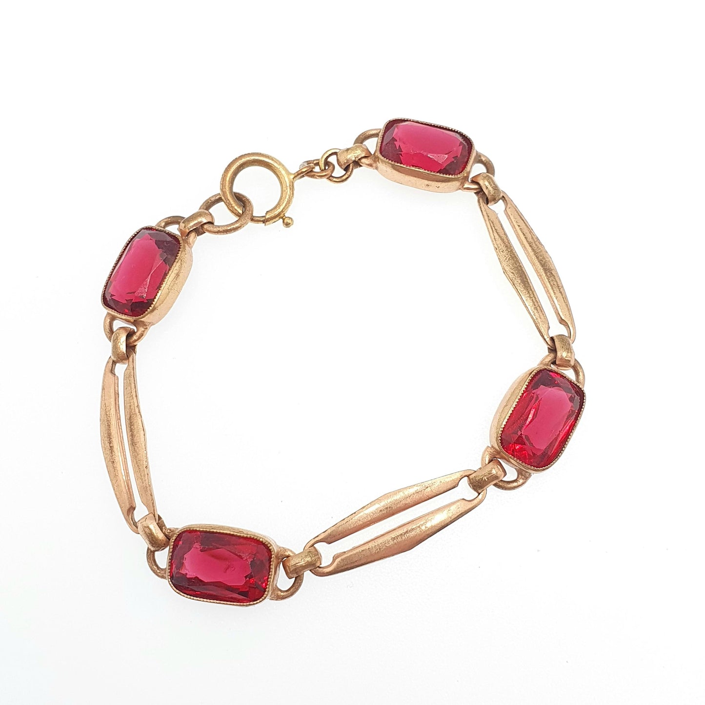 Antique Rolled Gold Filled Bracelet Ruby Paste Edwardian Art Nouveau Red Glass 1900s 11.85g 18cm Vintage Jewelry Jewellery Womens