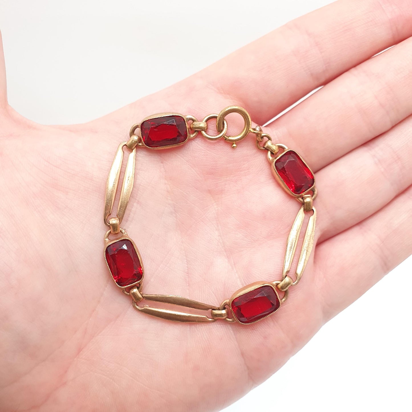 Antique Rolled Gold Filled Bracelet Ruby Paste Edwardian Art Nouveau Red Glass 1900s 11.85g 18cm Vintage Jewelry Jewellery Womens