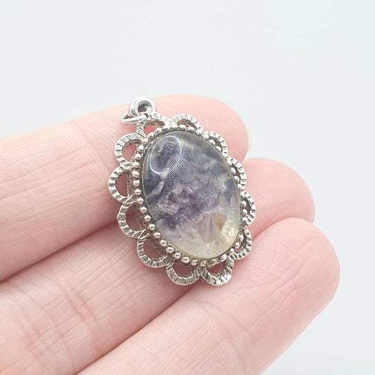 Vintage Sterling Silver Blue John Pendant Necklace Doublet Gemstone Flourite Charm Border Womens Mens Rare Gemstone Retro Jewelry
