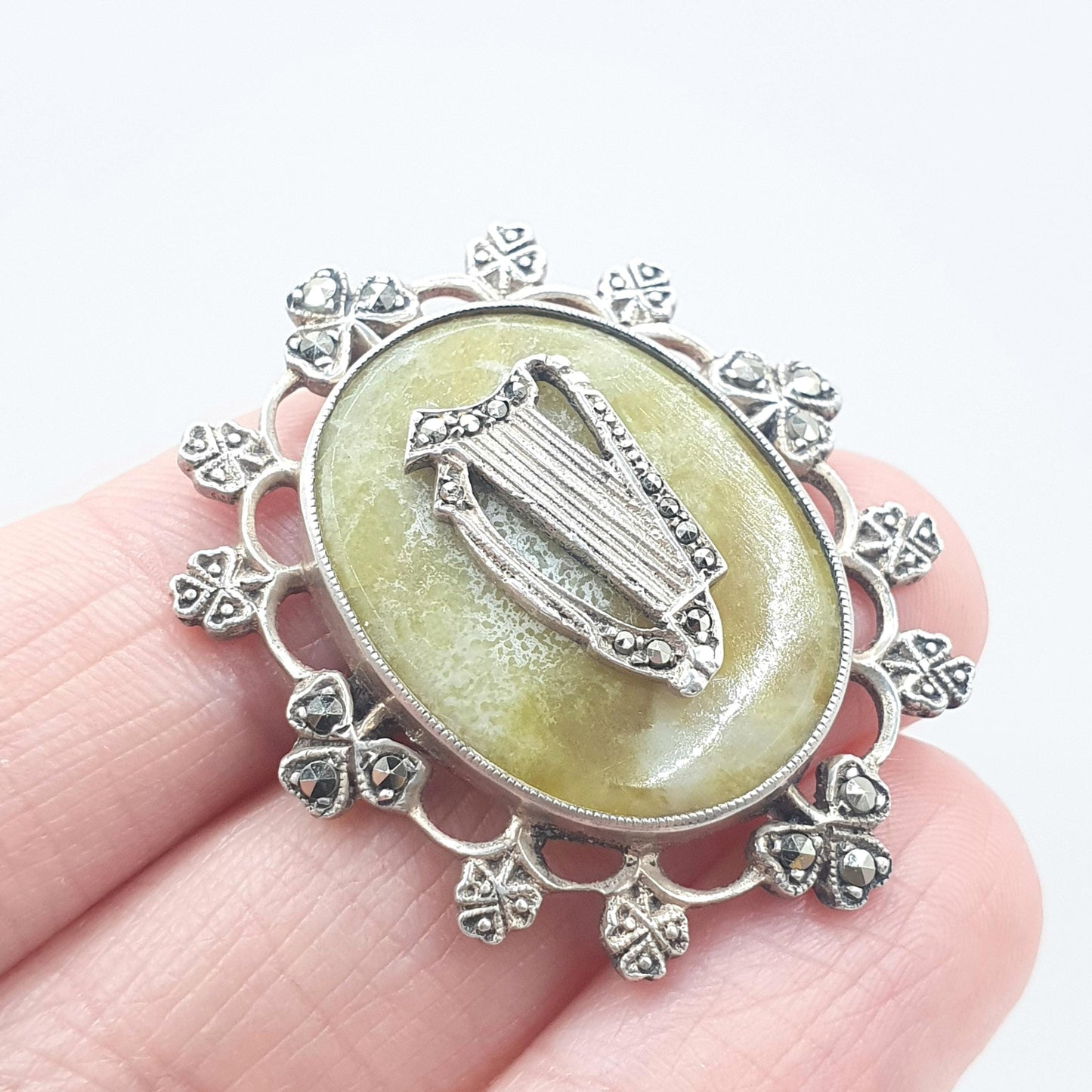 Antique Solid Silver Connemara Marble Harp & Clover Brooch Art Deco Irish Gemstone Marcasite Celtic Gaelic Womens Jewelry Jewellery