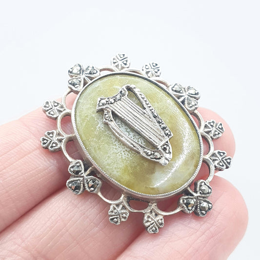 Antique Solid Silver Connemara Marble Harp & Clover Brooch Art Deco Irish Gemstone Marcasite Celtic Gaelic Womens Jewelry Jewellery