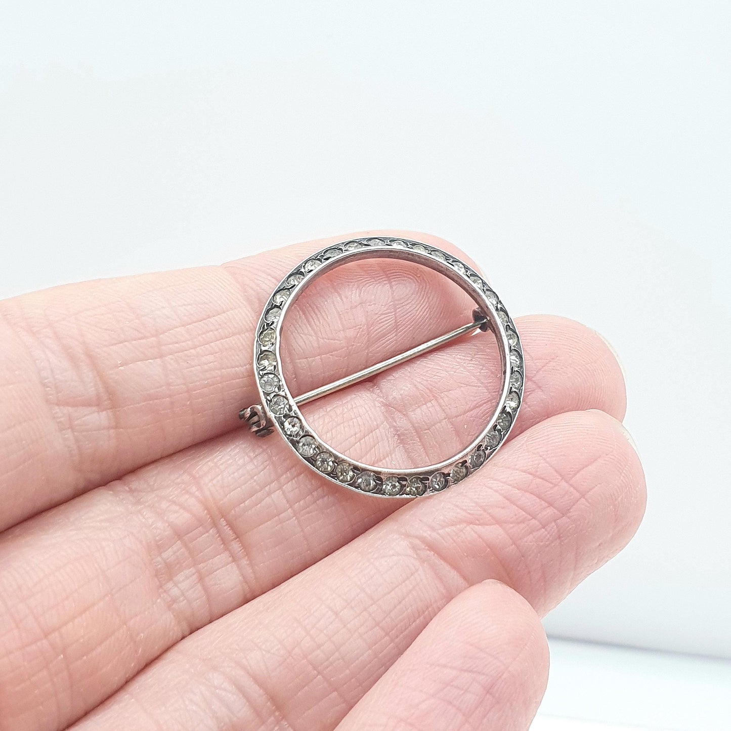 Antique Art Deco Solid Silver Diamond Paste Brooch Pin Round Infinity Circle French Old Vintage Jewelry Jewellery